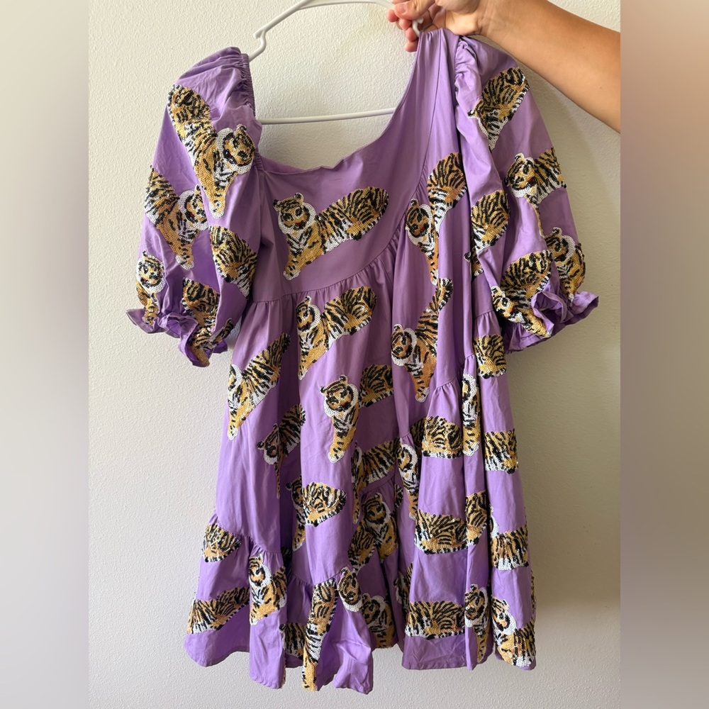 QUEEN OF SPARKLES Purple Dress with Tiger Design